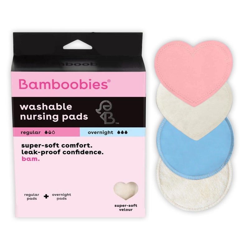 Bamboobies Ultra-Soft Velour Nursing Pads - Reusable, Washable & Leak-Proof - 2 Ultra-Thin and 2 Overnight Pads for Breastfeeding - Image 1
