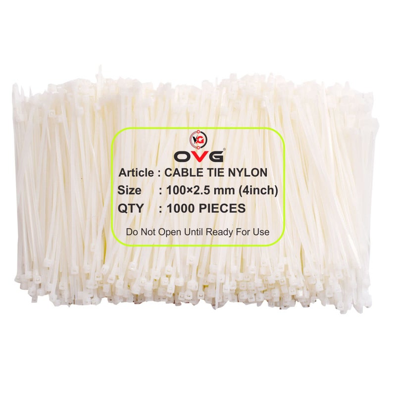 OVG Nylon Self Locking Cable Ties, White (100 mm × 2.5 mm, 4 Inch, Pack of 1000 Pcs) Heavy Duty Strong Zip Ties Teeth Grip Fastener Organizer Tie (1000, 4 inch 100mm × 2.5mm) - Image 5
