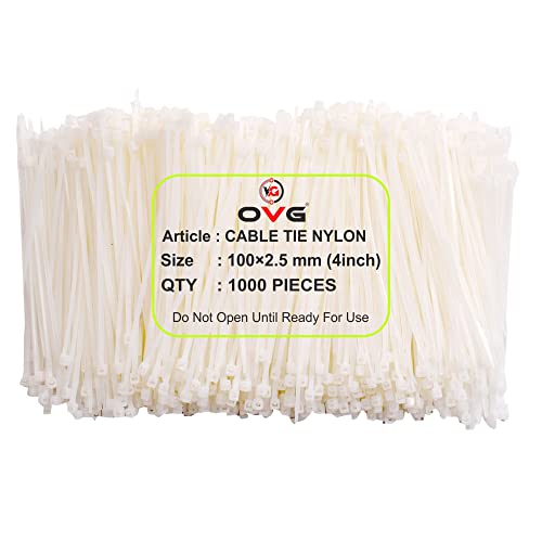 OVG Nylon Self Locking Cable Ties, White (100 mm × 2.5 mm, 4 Inch, Pack of 1000 Pcs) Heavy Duty Strong Zip Ties Teeth Grip Fastener Organizer Tie (1000, 4 inch 100mm × 2.5mm) - Image 1