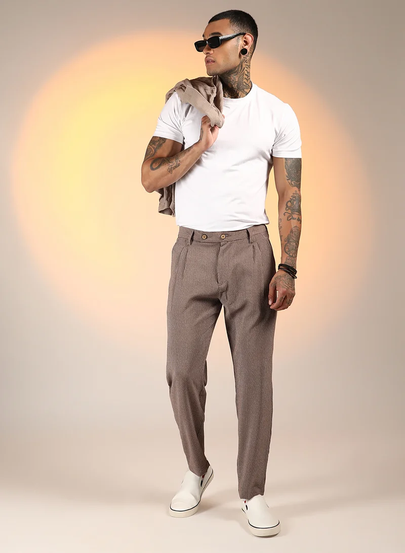 Campus Sutra Men's Mocha Brown Striped Tailored Trousers