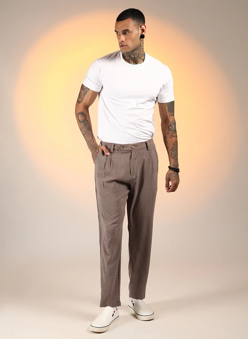 Campus Sutra Men's Mocha Brown Striped Tailored Trousers