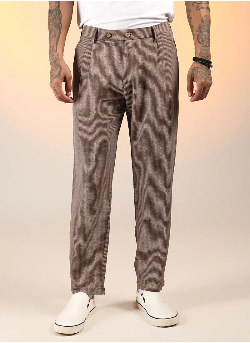 Campus Sutra Men's Mocha Brown Striped Tailored Trousers