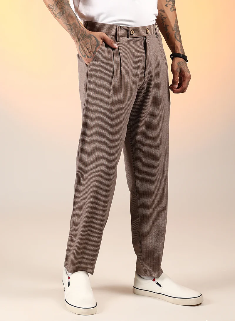 Campus Sutra Men's Mocha Brown Striped Tailored Trousers