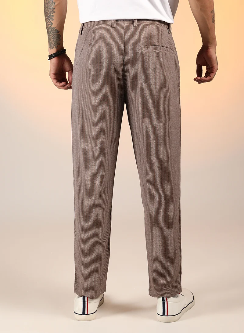 Campus Sutra Men's Mocha Brown Striped Tailored Trousers