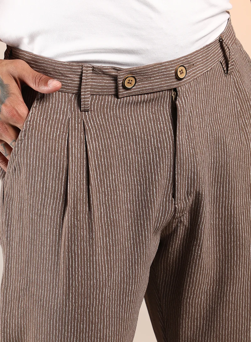 Campus Sutra Men's Mocha Brown Striped Tailored Trousers