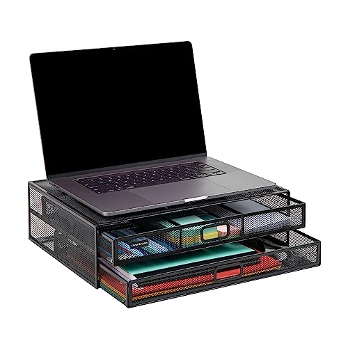 Mind Reader Monitor Stand, Ventilated Laptop Riser, Storage Drawer, Office, Metal Mesh, Black - Image 5