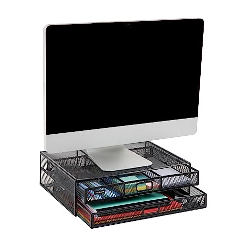 Mind Reader Monitor Stand, Ventilated Laptop Riser, Storage Drawer, Office, Metal Mesh, Black - Image 1