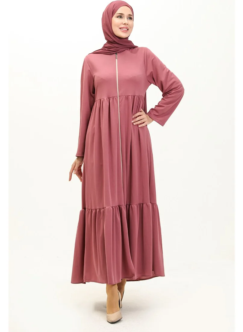Sefa Merve Shirred Zippered Abaya 0695-08 Dusty Rose