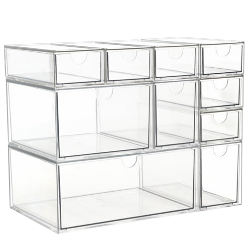 ZEXALOR Acrylic Makeup Organizer 10 Drawers Clear Storage Organizer Desktop Stackable Storage Drawers Plastic Organizer Bins for Makeup Stationery Cosmetics Vanity BathroomCabinetPantry Office Desk - Image 1