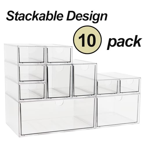 ZEXALOR Acrylic Makeup Organizer 10 Drawers Clear Storage Organizer Desktop Stackable Storage Drawers Plastic Organizer Bins for Makeup Stationery Cosmetics Vanity BathroomCabinetPantry Office Desk - Image 3