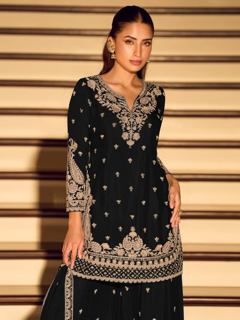 ANAITA Black Chinon Free Size Stitched Suit with Embroidery Beats Work - Image 2