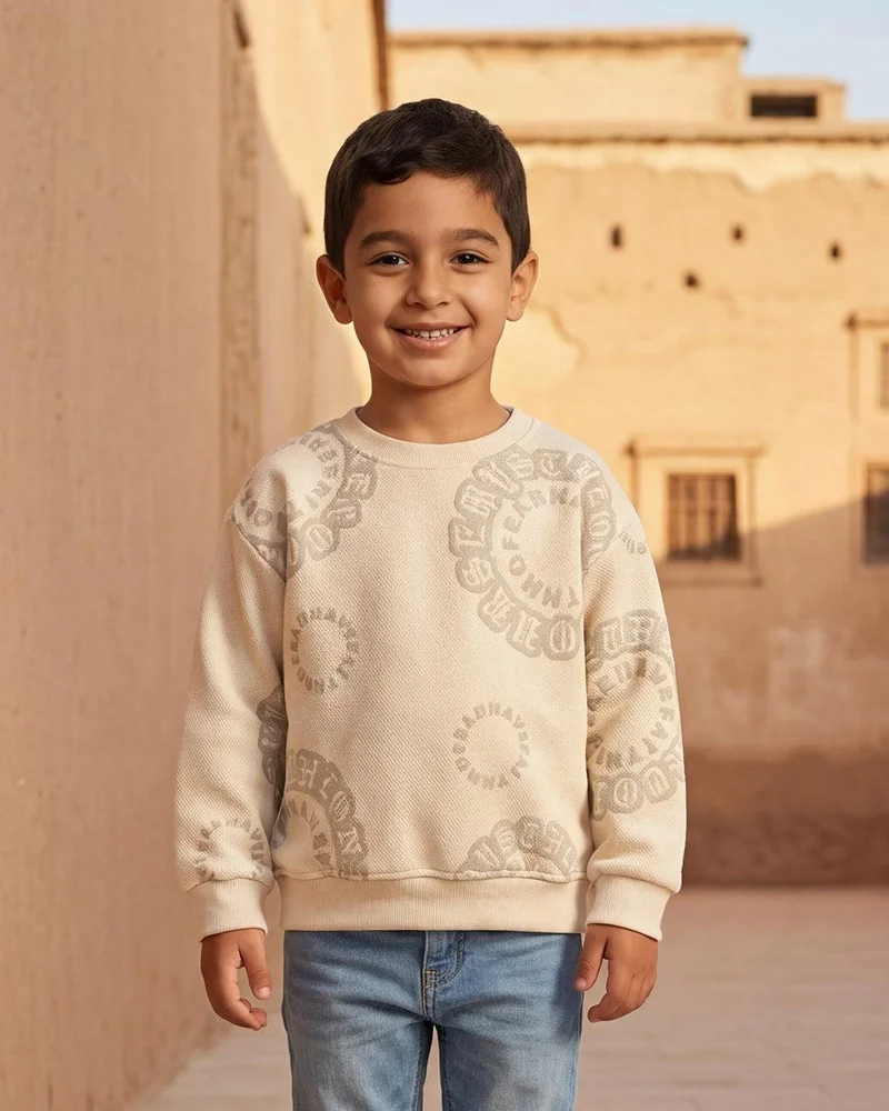 Redtag Boys Beige Allover Print Sweatshirt
