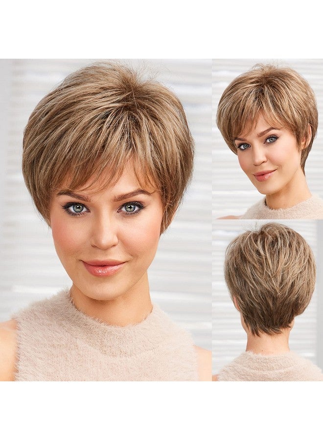 EMMOR Short Blonde Brown Wigs For Women Memory Fiber Simulated Human Hair Pixie Curly Wig With Bangnatural Daily Use Hair(Color Jr14) - Image 1