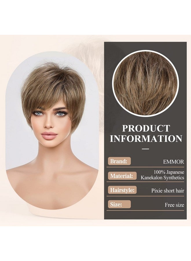 EMMOR Short Blonde Brown Wigs For Women Memory Fiber Simulated Human Hair Pixie Curly Wig With Bangnatural Daily Use Hair(Color Jr14) - Image 2