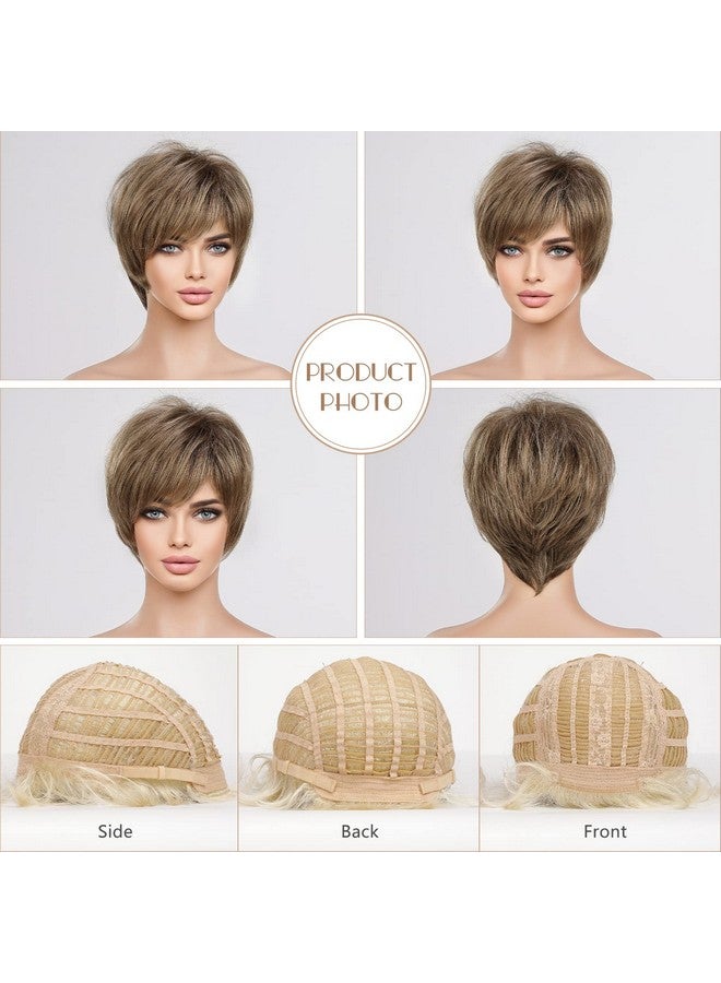 EMMOR Short Blonde Brown Wigs For Women Memory Fiber Simulated Human Hair Pixie Curly Wig With Bangnatural Daily Use Hair(Color Jr14) - Image 5