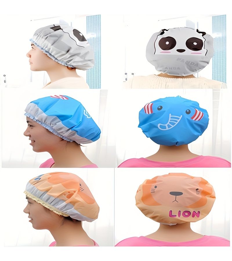 2pcs Cartoon Animals Lion Panda Elastic PEVA Shower Caps Bathroom Hats - Image 2