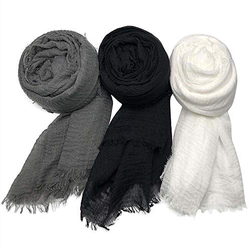 XRDSS Summer Cotton Blend Crinkle Vintage Soft Scarf with Fringed Edges 35" × 70" (White/Black/Dark Gray) - Image 1