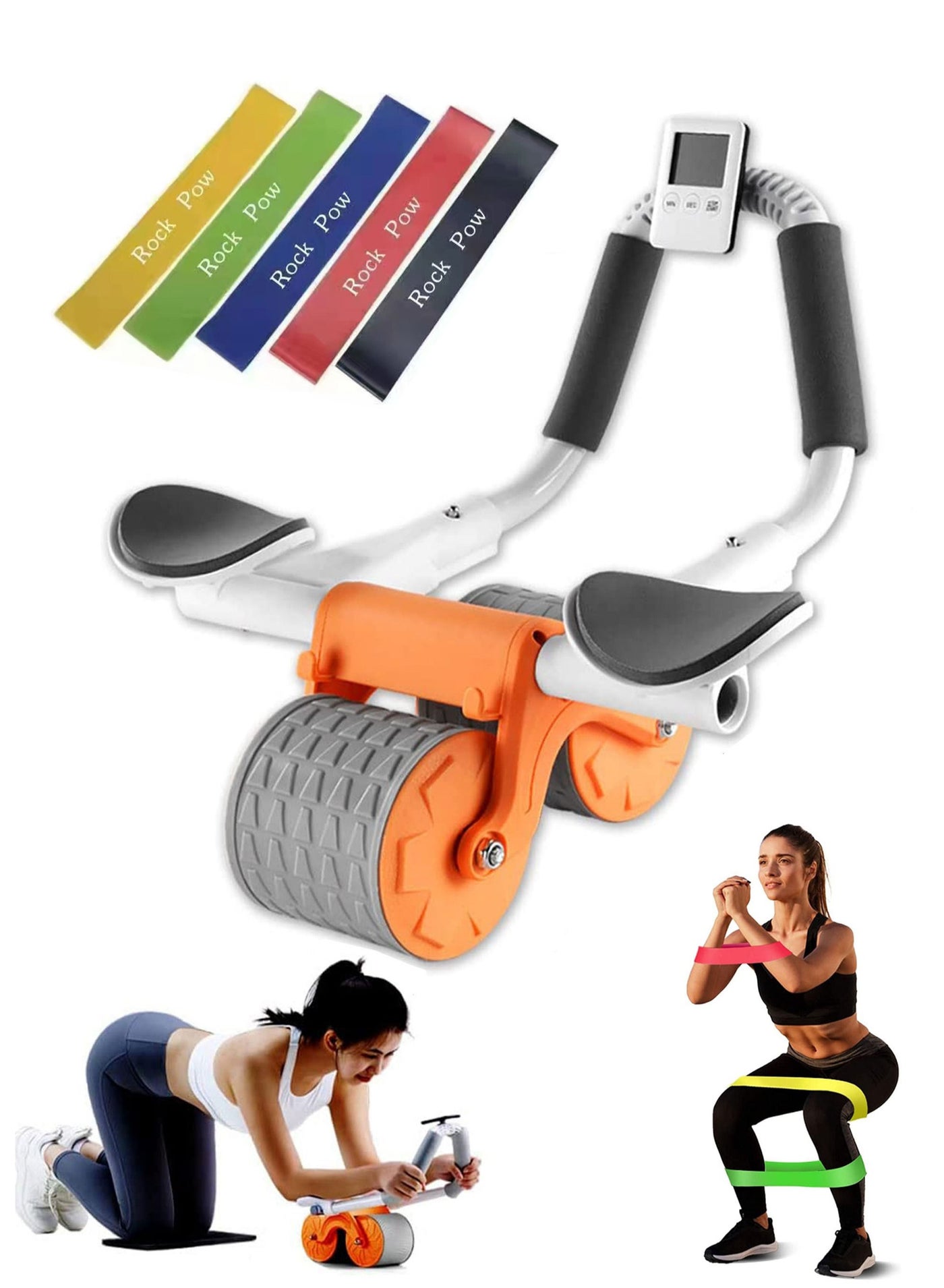2023 New Automatic Rebound Ab Abdominal Exercise Roller Wheel with Elbow Support and Timer and Resistance Bands Set for Men and Women Great Fitness Equipment for Training Yoga Home Workout
