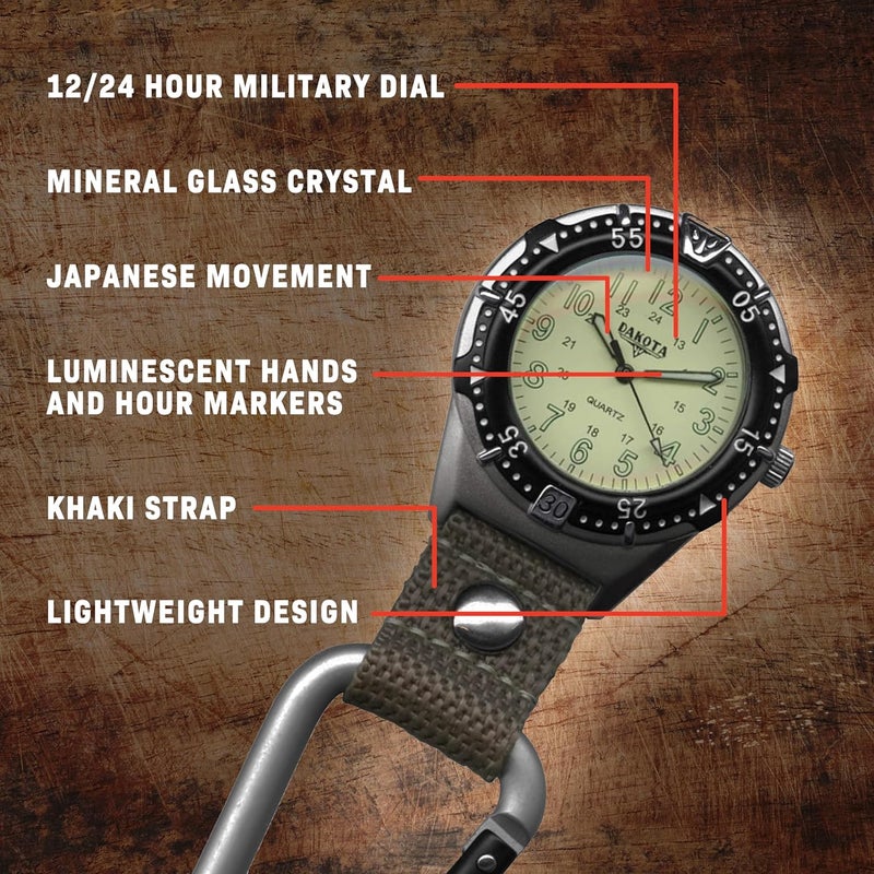 Dakota Backpacker Clip, Quality Pocket Watch, Fob Nylon Carabiner Strap, Lightweight, Premium Durability Outdoor Gifts for Men, Use for Fishing, Hunting, Golf and More, Tactical Watch - Image 5