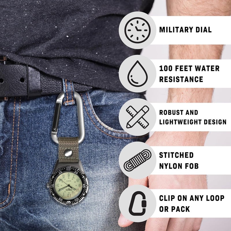 Dakota Backpacker Clip, Quality Pocket Watch, Fob Nylon Carabiner Strap, Lightweight, Premium Durability Outdoor Gifts for Men, Use for Fishing, Hunting, Golf and More, Tactical Watch - Image 1