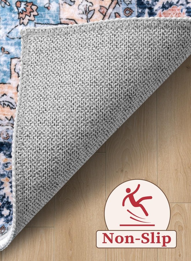 SERISSA Boho Washable Runner Rug, 2'6"x10' Long Non-Slip Vintage Blue Orange Hallway Kitchen Stair Runner Rug Ultra Soft Print Distressed Floor Carpet for Bedroom Bathroom Laundry Room - Image 4
