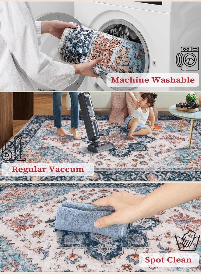 SERISSA Boho Washable Runner Rug, 2'6"x10' Long Non-Slip Vintage Blue Orange Hallway Kitchen Stair Runner Rug Ultra Soft Print Distressed Floor Carpet for Bedroom Bathroom Laundry Room - Image 3
