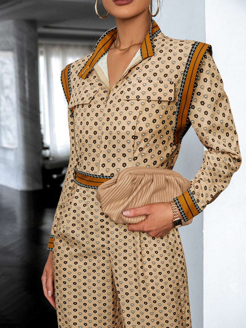 SIMPLEE Lapel Long Sleeve Printed Top & Matching Trousers Set, Waist Belt, Vintage Co-ord Set - Image 3