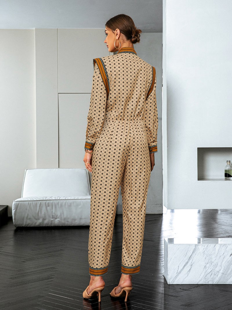 SIMPLEE Lapel Long Sleeve Printed Top & Matching Trousers Set, Waist Belt, Vintage Co-ord Set - Image 4