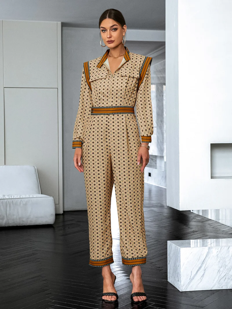 Simplee Lapel Long Sleeve Printed Top & Matching Trousers Set, Waist Belt, Vintage Co-ord Set