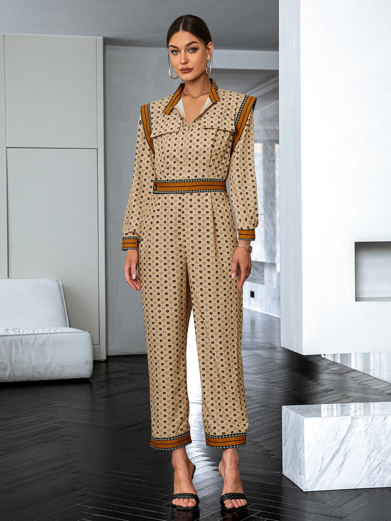 SIMPLEE Lapel Long Sleeve Printed Top & Matching Trousers Set, Waist Belt, Vintage Co-ord Set - Image 1