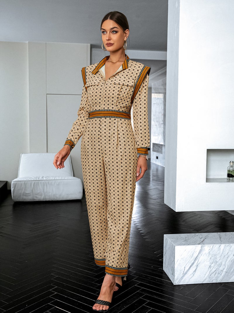 SIMPLEE Lapel Long Sleeve Printed Top & Matching Trousers Set, Waist Belt, Vintage Co-ord Set - Image 2
