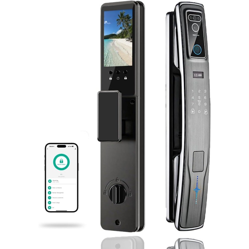 Smart Door Lock, 7IN1, 3D Face Recognition, Palmprint, Fingerprint, IC card, Passcode, Mechanical keys.Tuya app supported.Equipped with 6068 mortise, Class C lock cylinder M06-FH