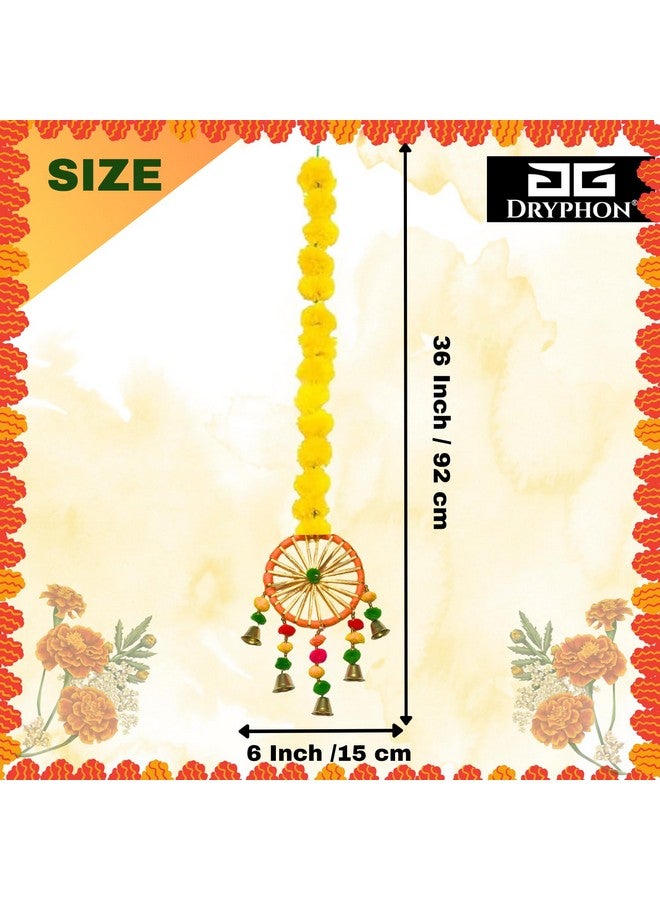 DRYPHON Artificial Marigold Flowers for Decoration with Pom Pom Ring Bell Hanging Garlands for Home Decoration for Diwali Decoration Items | Wedding | Puja Decoration Items for Home (Pack of 10) - Image 2