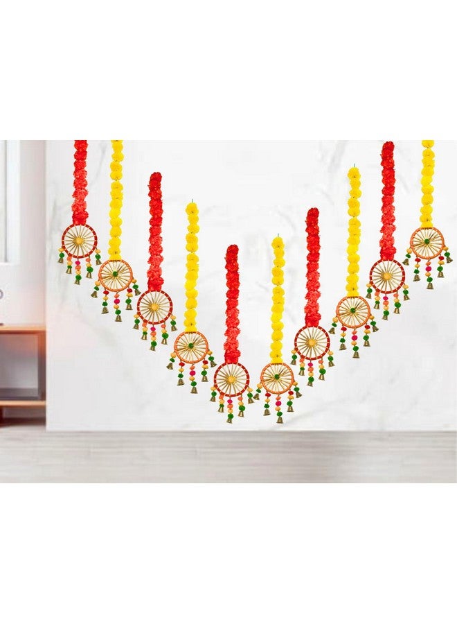 DRYPHON Artificial Marigold Flowers for Decoration with Pom Pom Ring Bell Hanging Garlands for Home Decoration for Diwali Decoration Items | Wedding | Puja Decoration Items for Home (Pack of 10) - Image 1