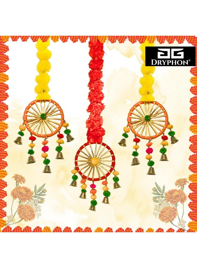 DRYPHON Artificial Marigold Flowers for Decoration with Pom Pom Ring Bell Hanging Garlands for Home Decoration for Diwali Decoration Items | Wedding | Puja Decoration Items for Home (Pack of 10) - Image 3
