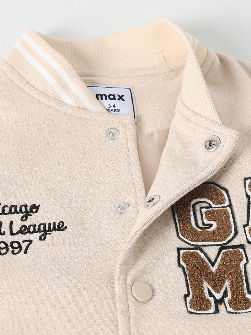 Max Boys Chennile Embroidered Varsity Jacket (Beige_2-3 Y) - Image 2