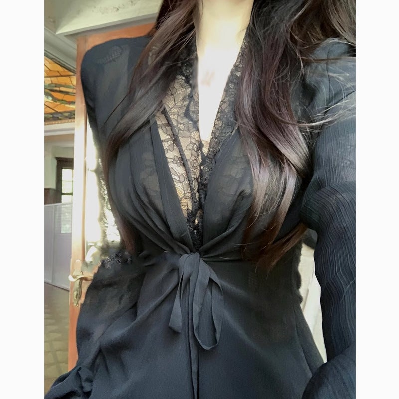 Atmosphere Scarf Stand-cut Tilted Short Jacket Lace Chiffon Multi-cut Shirt Womens Spring 2025 New Black - Image 1