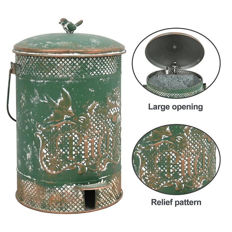Chadechimo Farmhouse Garbage Can with Lid Indoor Outdoor Trash Can with Embossed Bird and Flowers PatternMetal Retro Kitchen Trash Can with Lid for Kitchen Room and Garden Decor (Green) - Image 3