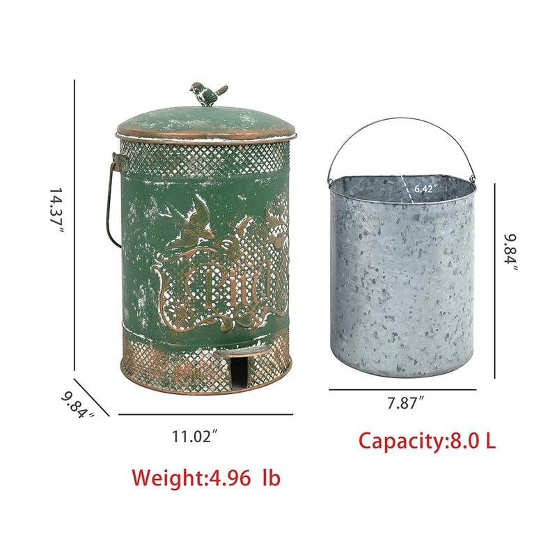 Chadechimo Farmhouse Garbage Can with Lid Indoor Outdoor Trash Can with Embossed Bird and Flowers PatternMetal Retro Kitchen Trash Can with Lid for Kitchen Room and Garden Decor (Green) - Image 2