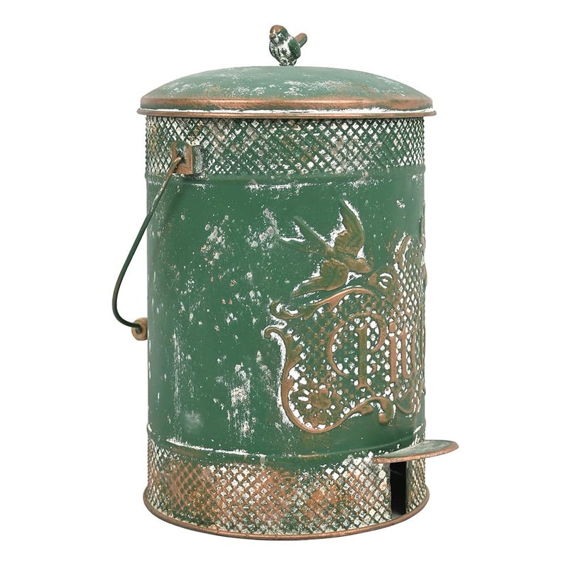 Chadechimo Farmhouse Garbage Can with Lid Indoor Outdoor Trash Can with Embossed Bird and Flowers PatternMetal Retro Kitchen Trash Can with Lid for Kitchen Room and Garden Decor (Green) - Image 1