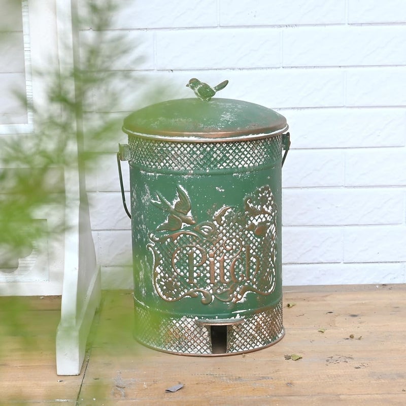 Chadechimo Farmhouse Garbage Can with Lid Indoor Outdoor Trash Can with Embossed Bird and Flowers PatternMetal Retro Kitchen Trash Can with Lid for Kitchen Room and Garden Decor (Green) - Image 5