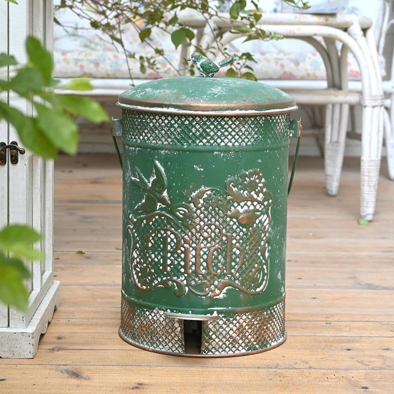Chadechimo Farmhouse Garbage Can with Lid Indoor Outdoor Trash Can with Embossed Bird and Flowers PatternMetal Retro Kitchen Trash Can with Lid for Kitchen Room and Garden Decor (Green) - Image 4