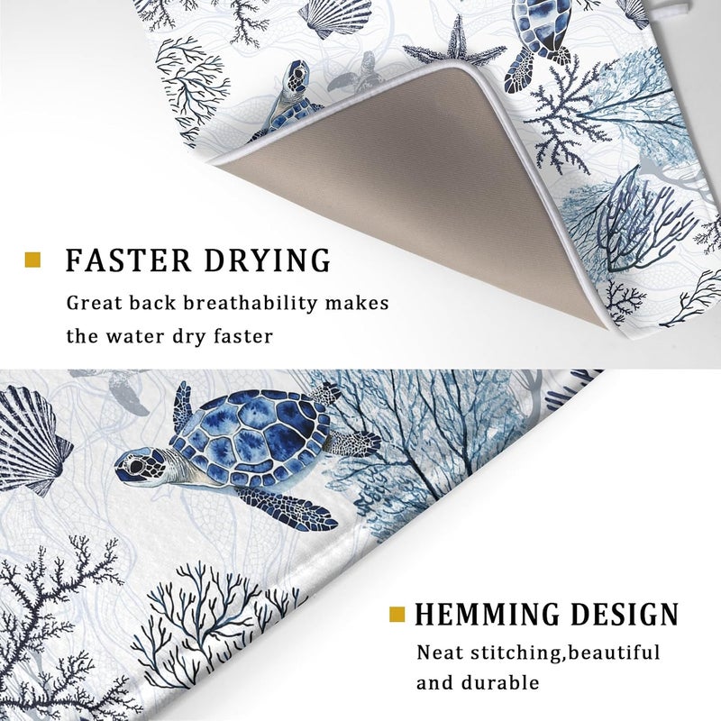 Giwawa 18"x24" Coastal Sea Turtles Dish Drying Mat Nautical Ocean Tortoise Coral Starfish Dish Drainer Mats for Kitchen Microfiber Reversible Dish Drying Rack Pad for Countertop Tabletop Decor - Image 3