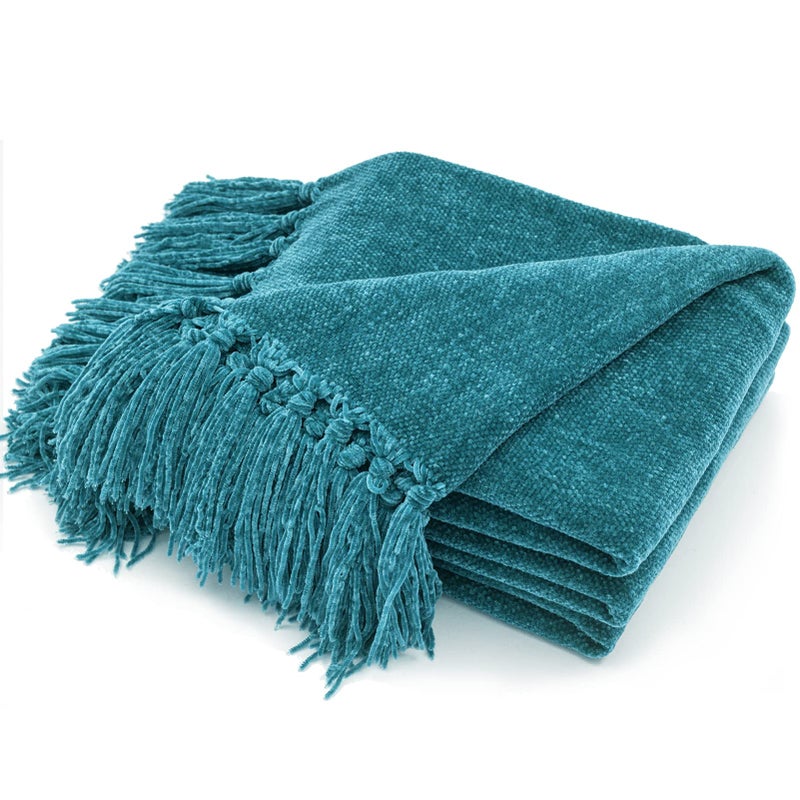 RECYCO Throw Blanket Soft Cozy Chenille Throw Blanket with Fringe Tassel for Couch Sofa Chair Bed Living Room Teal 50 x 60