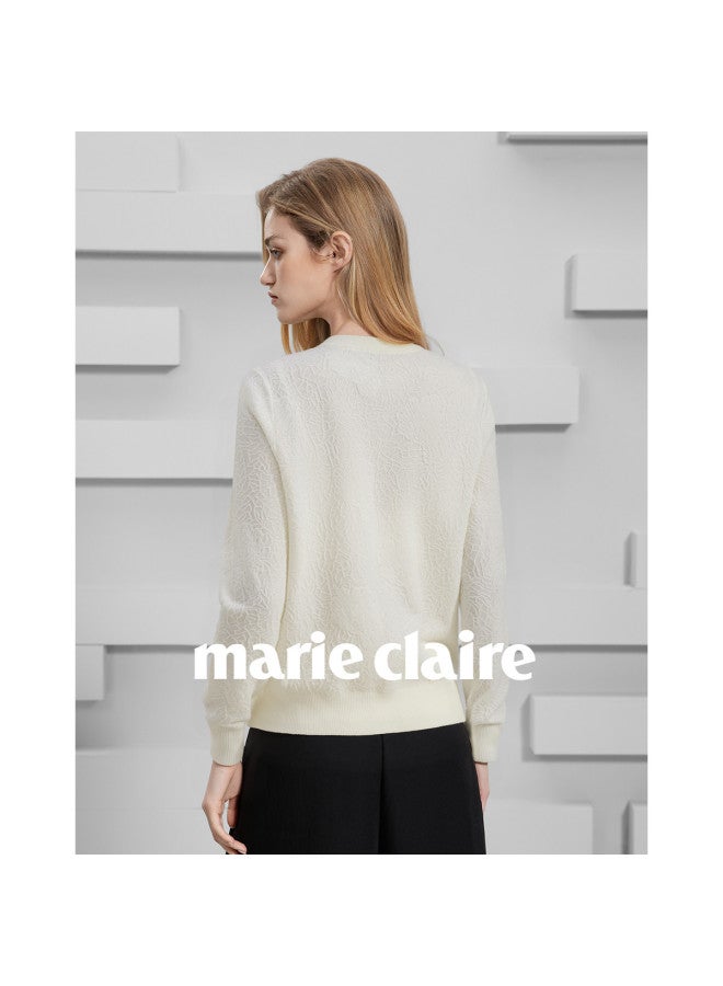 Marie Claire Early Autumn Round Neck Solid Color Cream Trim Ribbed Texture Elegant Design Fashionable Soft Skin-friendly Knitted Cardigan - Image 3