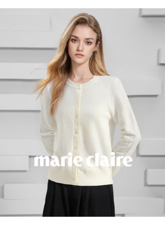 Marie Claire Early Autumn Round Neck Solid Color Cream Trim Ribbed Texture Elegant Design Fashionable Soft Skin-friendly Knitted Cardigan - Image 1