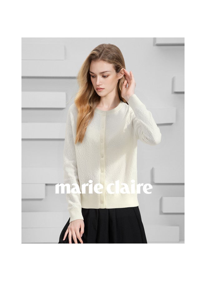 Marie Claire Early Autumn Round Neck Solid Color Cream Trim Ribbed Texture Elegant Design Fashionable Soft Skin-friendly Knitted Cardigan - Image 4