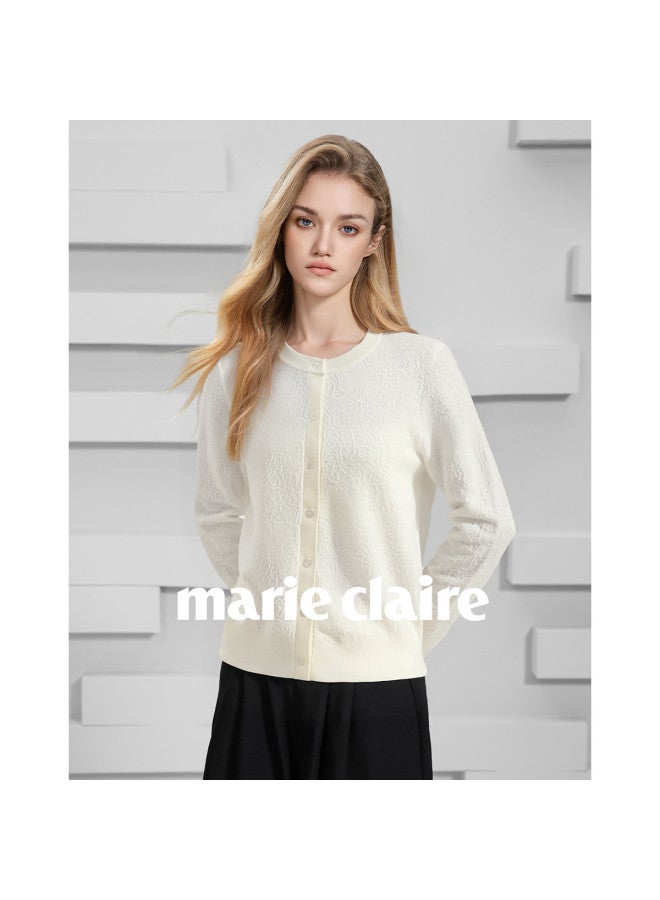 Marie Claire Early Autumn Round Neck Solid Color Cream Trim Ribbed Texture Elegant Design Fashionable Soft Skin-friendly Knitted Cardigan - Image 2