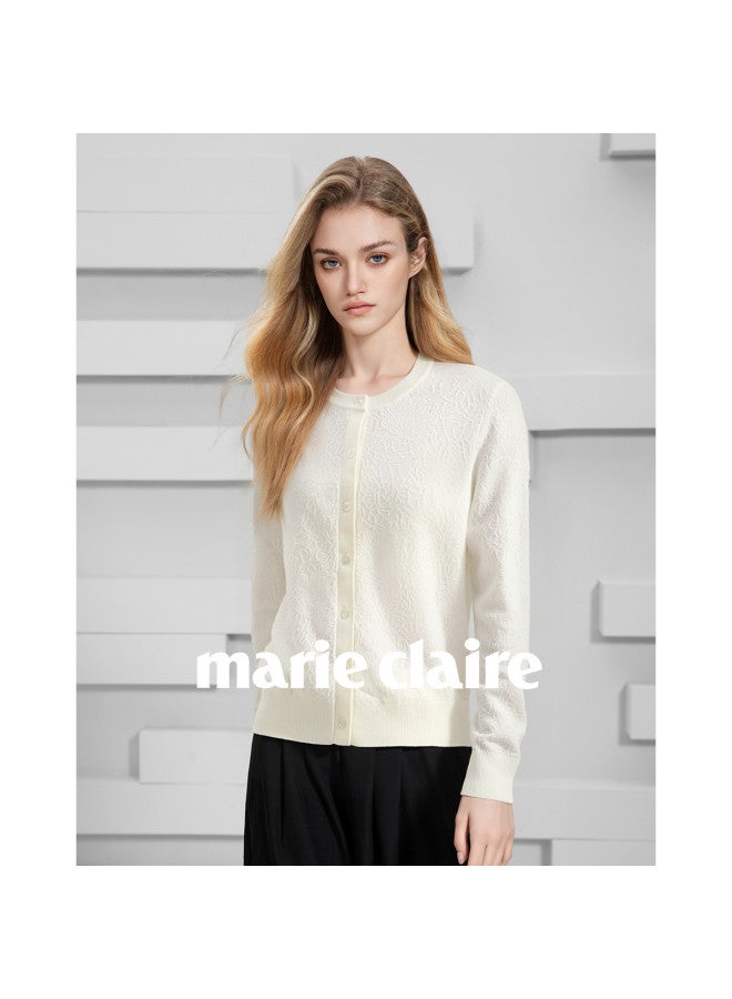 Marie Claire Early Autumn Round Neck Solid Color Cream Trim Ribbed Texture Elegant Design Fashionable Soft Skin-friendly Knitted Cardigan - Image 5