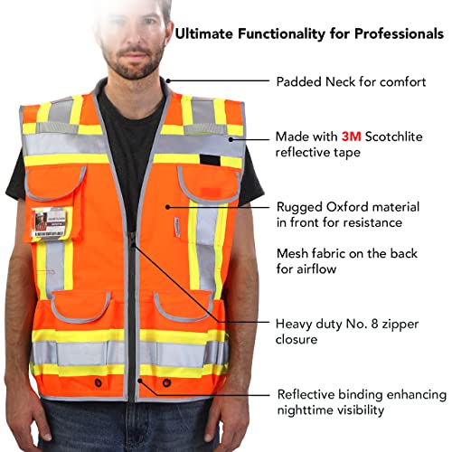 Dib Safety Reflective Vest Heavy Duty, High Visibility Two Tone Engineer Vest, Made with 3M Tape, Padded Collar, Retractable ID Pocket, Orange S - Image 4